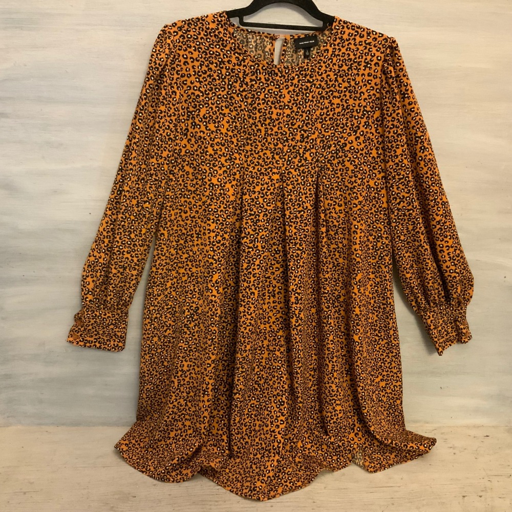 Who What Wear Leopard Print Long Sleeve Pleated Mini Shift Dress Size Large LN